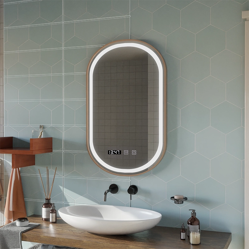 Konrad LED Touch Mirror Demist System, hodiny a teplota 50x80 cm rám z kartáčovaného zlata, teplé neutrální studené světlo 3000K/4000K/6000K