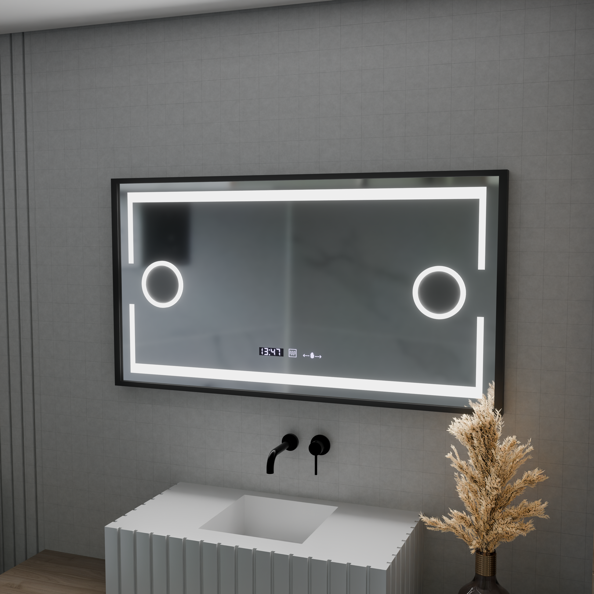 LED zrcadlo MotionGlow Senzor Domingo s funkcí odmlžování Teploměr Hodiny 120x65 cm Stmívatelné Studené/Teplé/Neutrální světlo, Brushed Black Frame, Marcello Funghi kolekce Marcello Mirrors Výchozí název Alessandro Design