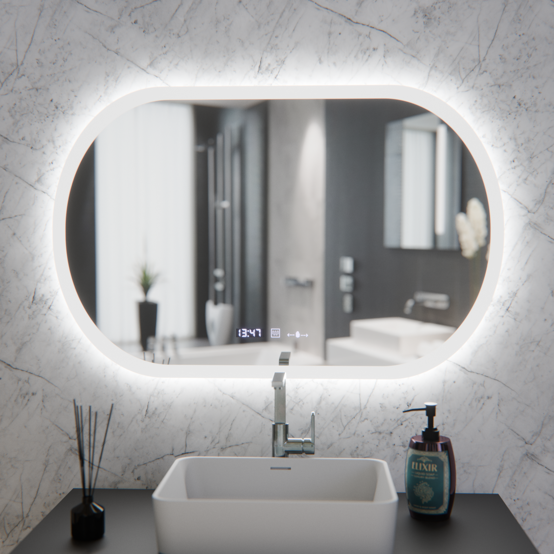 Oválné LED zrcadlo, 80x50cm, Altera Marcello MotionGlow senzor, odmlžovací systém, hodiny a teploměr, stmívatelná Marcello zrcadla Výchozí název Alessandro Design