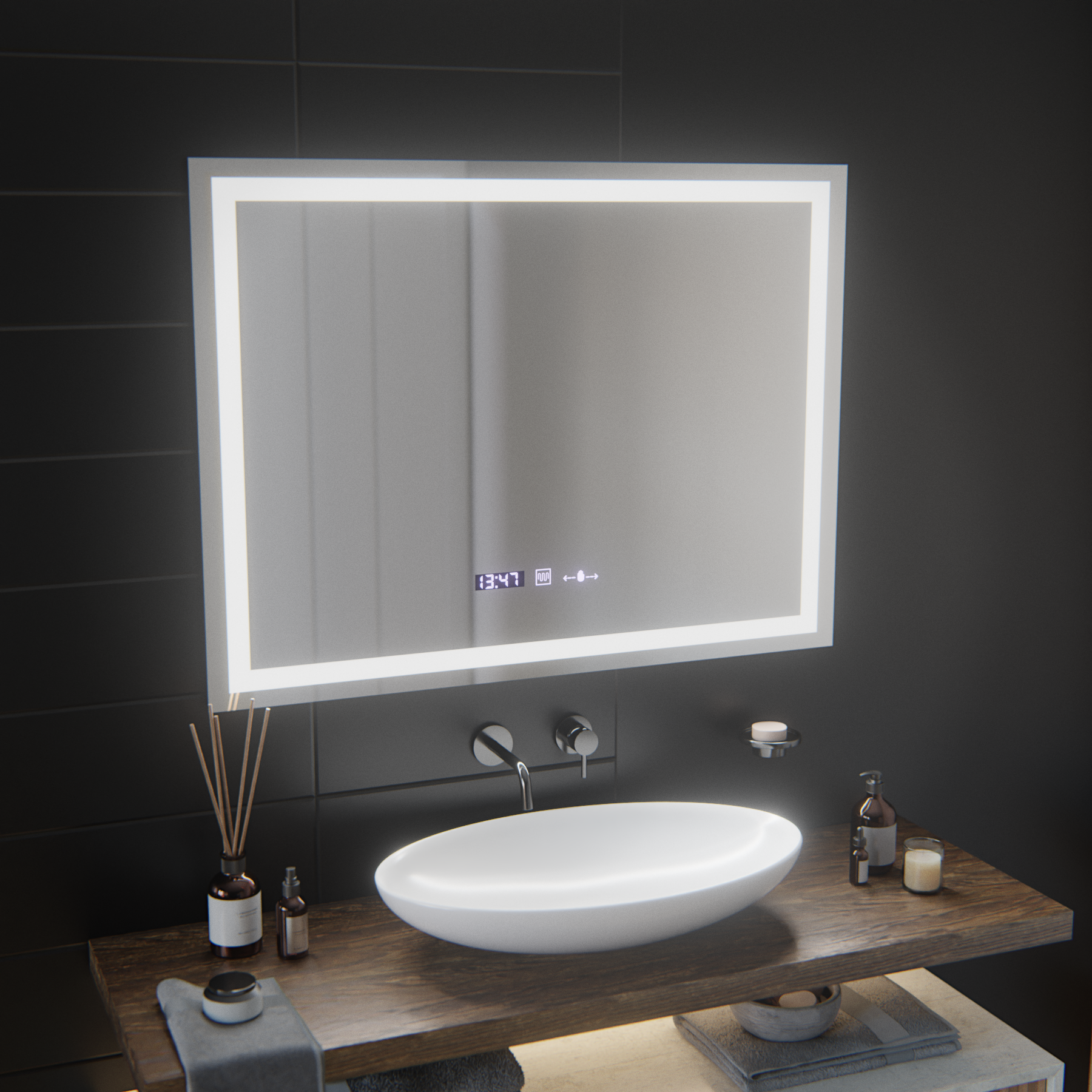 Obdélníkové zrcadlo LED, 100 x 75 cm, Verite MotionGlow Marcello, systém odmlžování, hodiny a teploměr, stmívatelná zrcadla Marcello Výchozí název Alessandro Design