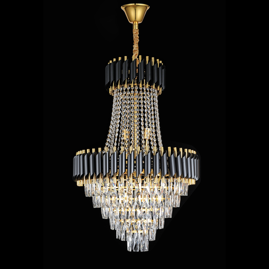 Křišťálový lustr CC900/800X1200, 23xE14, Průměr 80 ​​cm, Výška 120 cm, Lesklá zlatá a černá, Nastavitelná výška, Elegantní Design Křišťálové lustry Výchozí název Alessandro Design