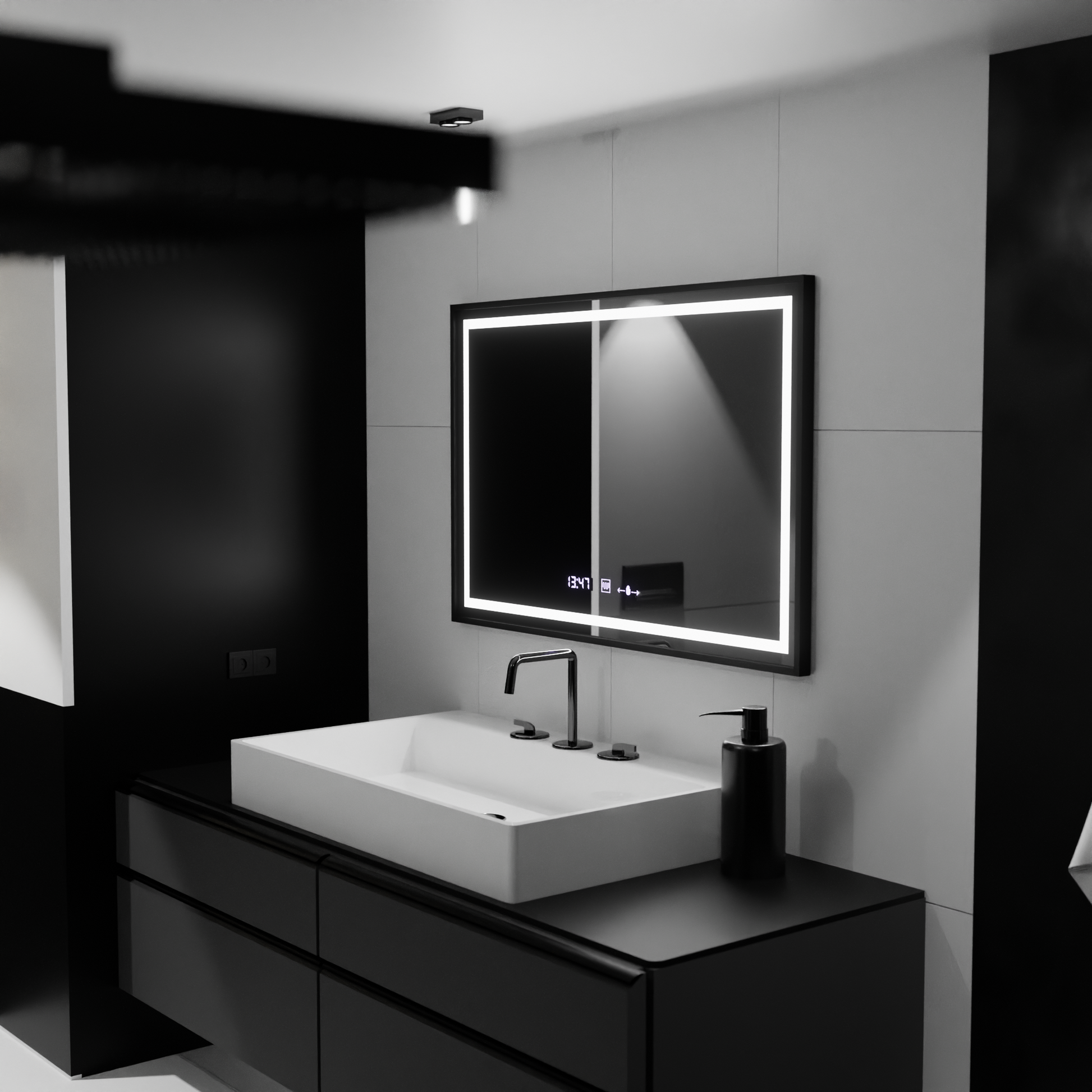 Obdélníkové LED zrcadlo, 120x80 cm, Verite Majeste Noir Motion Glow Marcello, systém odmlžování, hodiny a teploměr, stmívatelná zrcátka Marcello Výchozí název Alessandro Design
