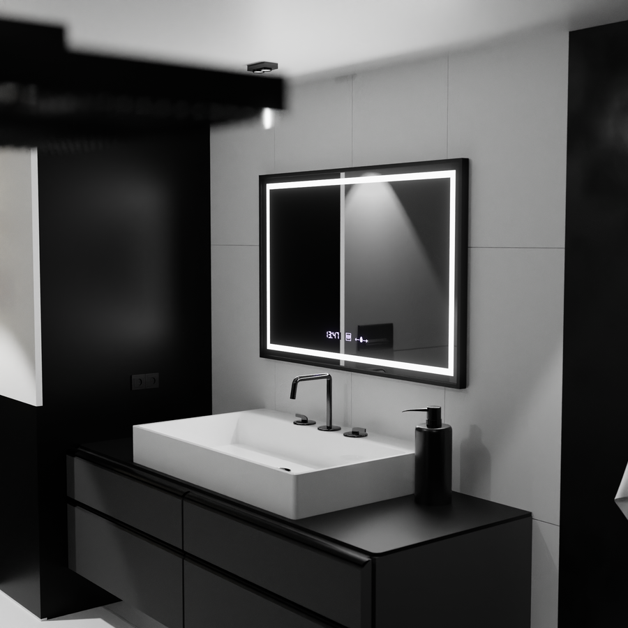 Obdélníkové LED zrcadlo, 120x80 cm, Verite Majeste Noir Motion Glow Marcello, systém odmlžování, hodiny a teploměr, stmívatelná zrcátka Marcello Výchozí název Alessandro Design