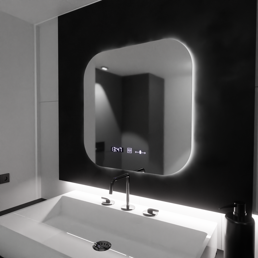 Obdélníkové LED zrcadlo 60x60 Aura Riflesso Puro MotionGlow Marcello, systém odmlžování, teploměr a hodiny, stmívatelná zrcátka Marcello Výchozí název Alessandro Design