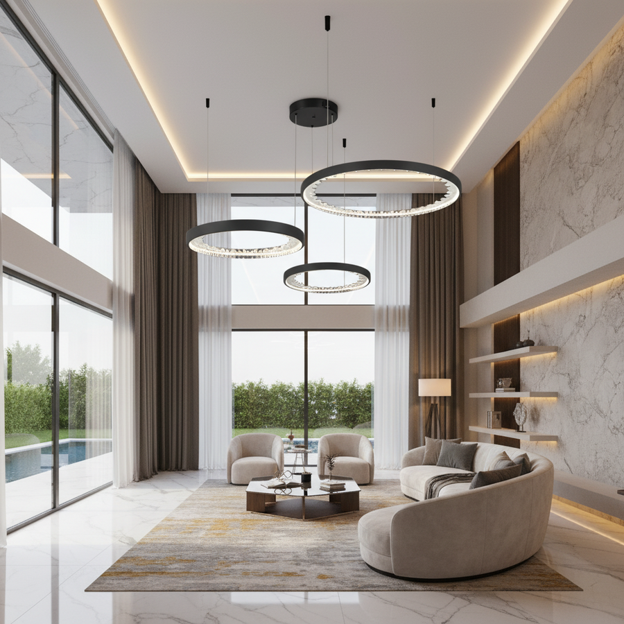 Závěsný LED lustr s dálkovým ovládáním, K9 Crystals, 80W, 3 kruhy, studené/teplé/neutrální světlo, stmívatelný, černý, výškově nastavitelný