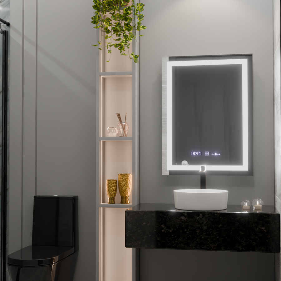 Obdélníkové LED zrcadlo, 75x90cm, Verite MotionGlow Marcello, Demister System, Hodiny a teploměr, Stmívatelná zrcátka Marcello Výchozí název Alessandro Design