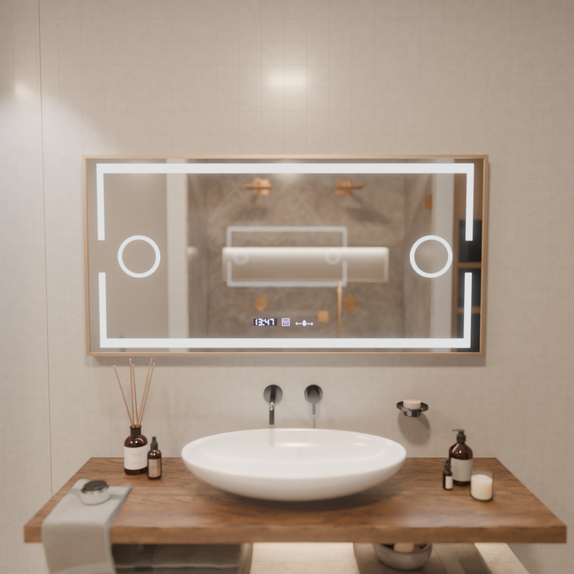 LED zrcadlo MotionGlow Sofia senzor s funkcí odmlžování Teploměr Hodiny 110x65 cm Teplé/Studené/Neutrální světlo Stmívatelné, Rose Gold Rám, Marcello Funghi Collection Zrcadla Marcello Výchozí název Alessandro Design