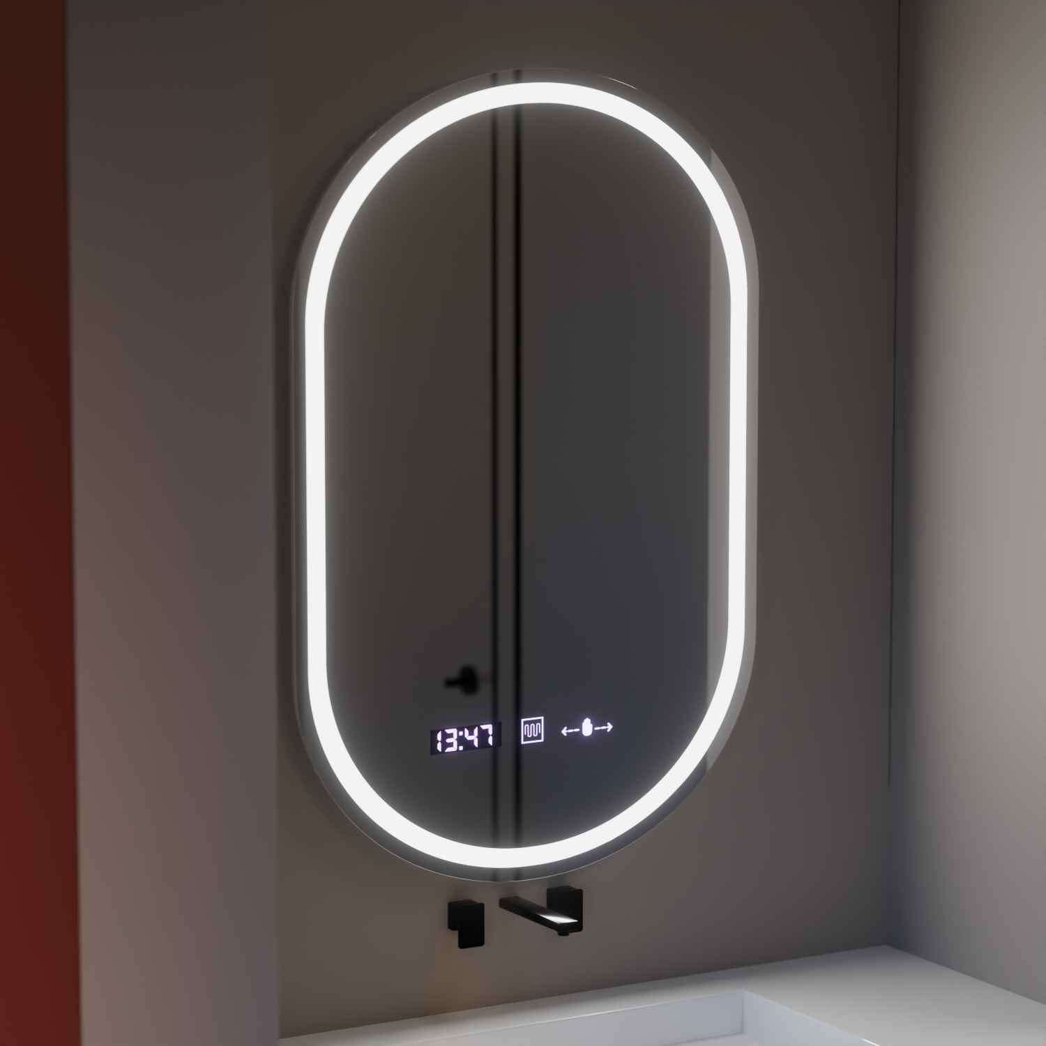 Oválné LED zrcadlo, 50x80cm, Eminence MotionGlow Marcello, Systém odmlžování, Hodiny & Teploměr, Stmívatelná zrcátka Marcello Výchozí název Alessandro Design