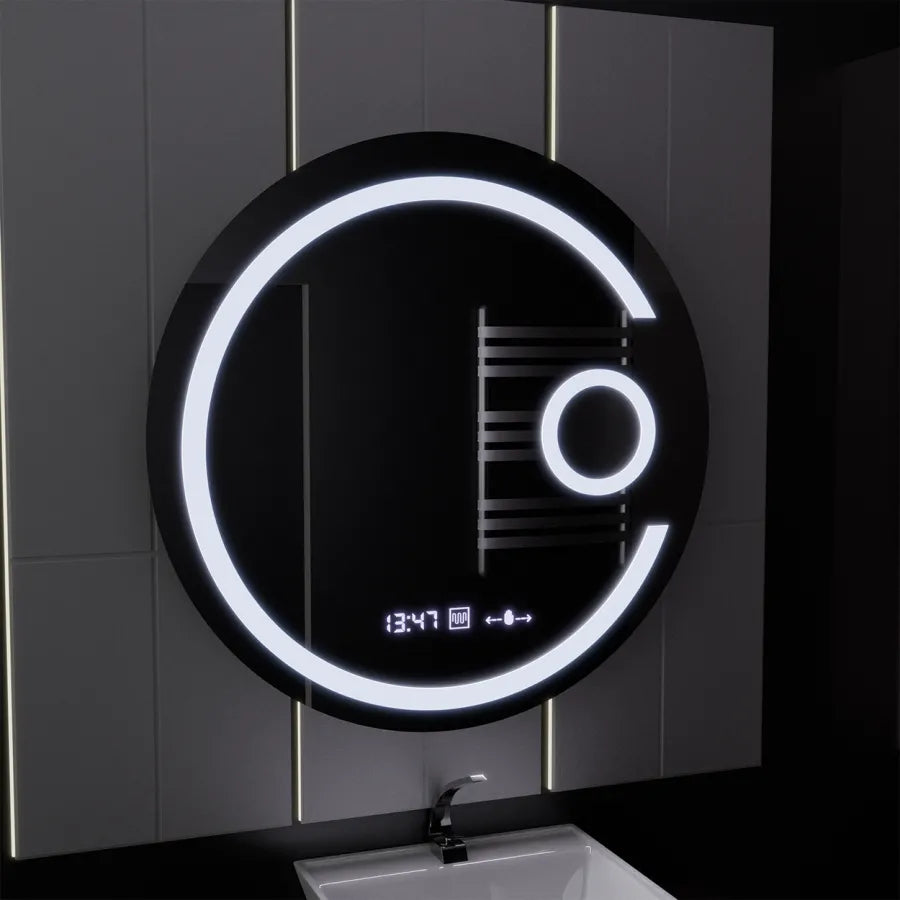 LED kulaté zrcadlo, 22 W, 70 cm, Visio MotionGlow Marcello, systém odmlžování, hodiny a teploměr, kosmetická lupa, stmívatelná Marcello zrcadla Výchozí název Alessandro Design