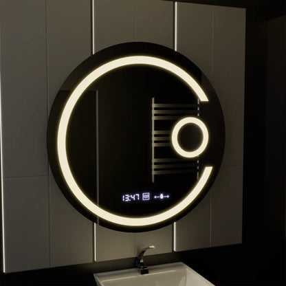 LED kulaté zrcadlo, 22 W, 70 cm, Visio MotionGlow Marcello, systém odmlžování, hodiny a teploměr, kosmetická lupa, stmívatelná Marcello zrcadla Výchozí název Alessandro Design