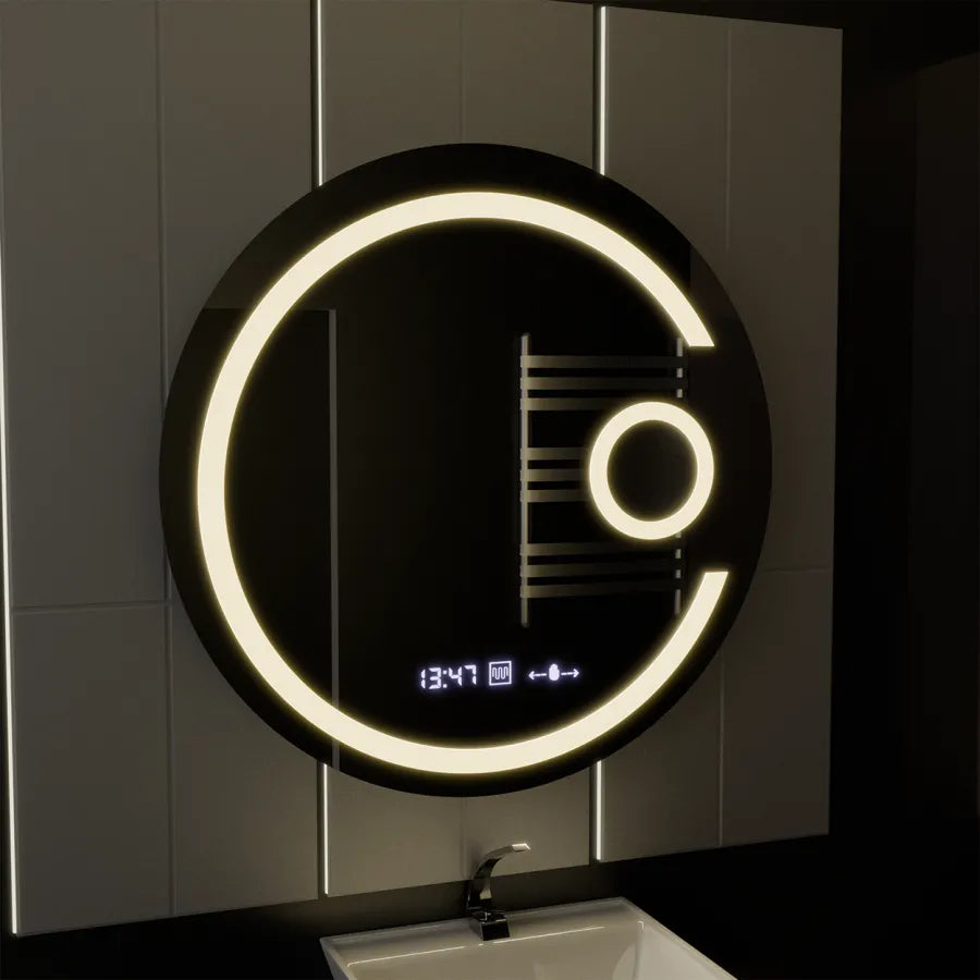 LED kulaté zrcadlo, 22 W, 70 cm, Visio MotionGlow Marcello, systém odmlžování, hodiny a teploměr, kosmetická lupa, stmívatelná Marcello zrcadla Výchozí název Alessandro Design