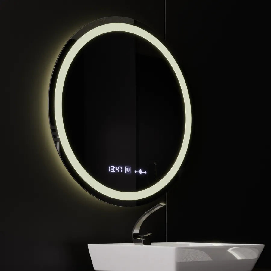 Kulaté LED zrcadlo, průměr 50 cm, Celeste MotionGlow Marcello, systém odmlžování, hodiny a teploměr, stmívatelné, teplé neutrální studené světlo 3000K/4000K/6000K Marcello Mirrors Výchozí název Alessandro Design