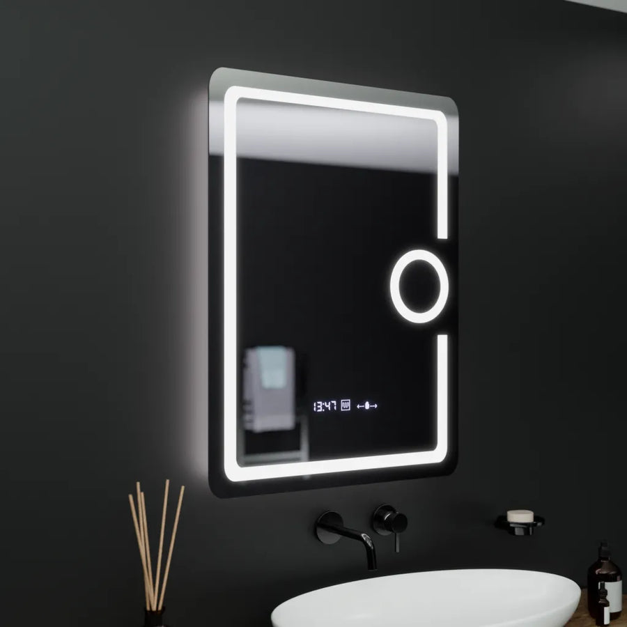 Obdélníkové LED zrcadlo, 60x80cm, Eclat MotionGlow Marcello, Hodiny a teploměr, Demister System, Kosmetická lupa, Dimabila Zrcadla Marcello Výchozí název Alessandro Design