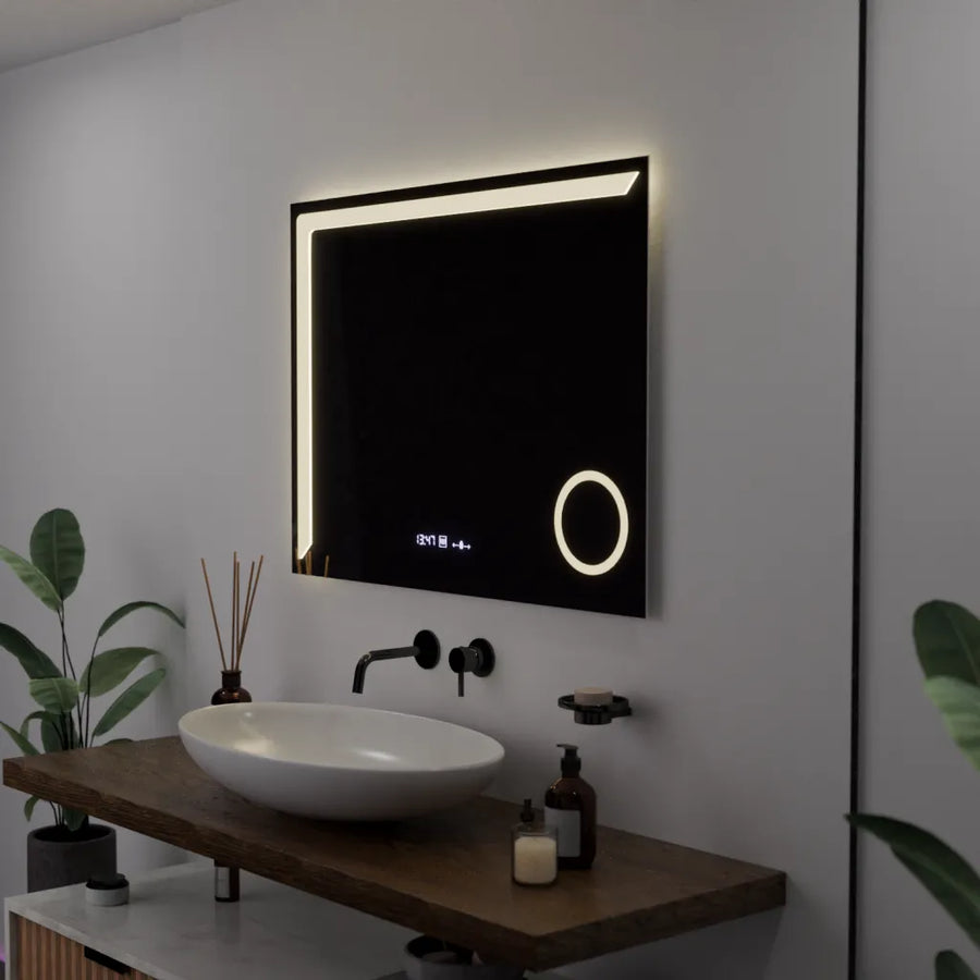 Obdélníkové LED zrcadlo, 80x60cm, Precision MotionGlow Marcello, Systém odmlžování, Hodiny & Teploměr, Kosmetická lupa, Stmívatelné Marcello Zrcadla Výchozí název Alessandro Design