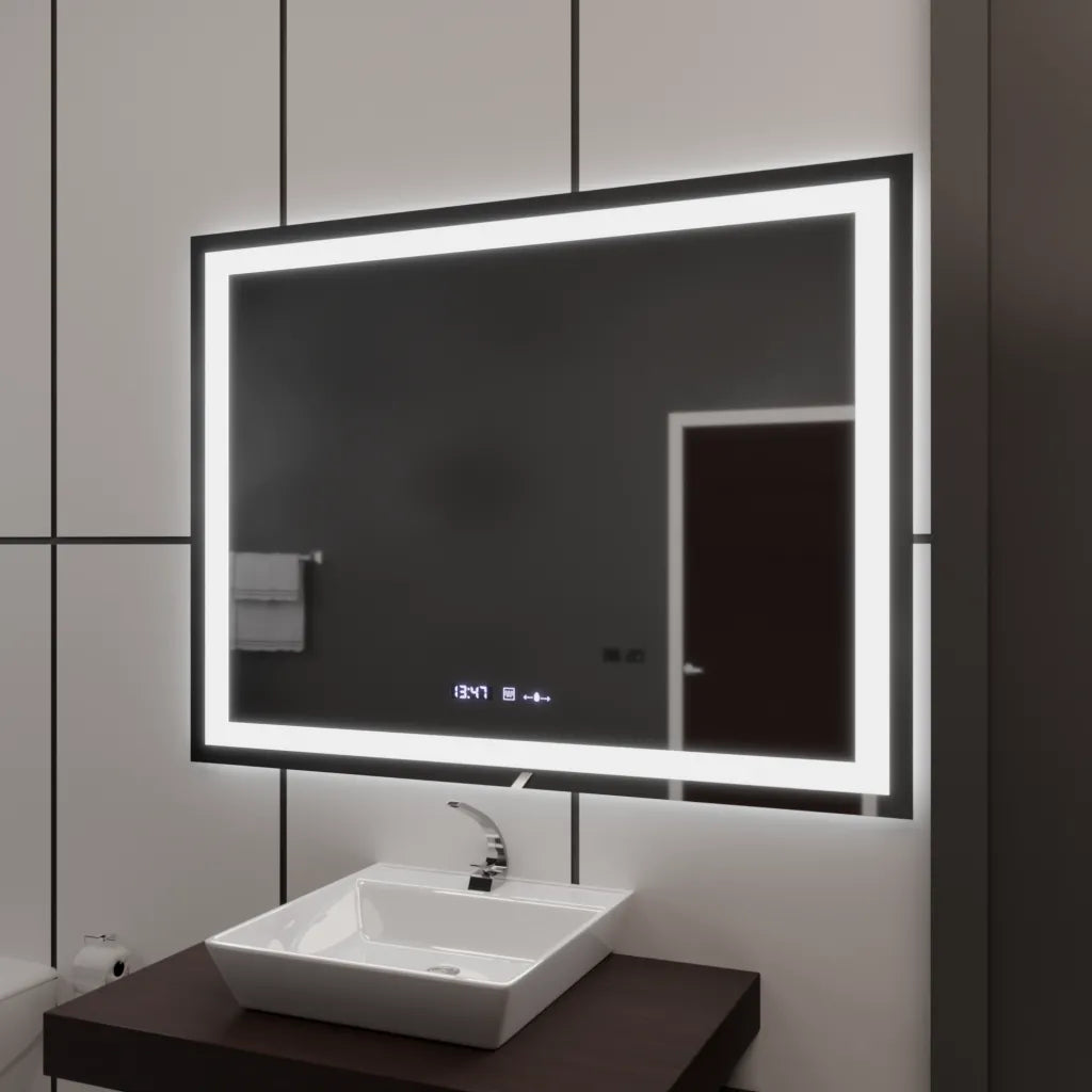 Obdélníkové LED zrcadlo 120x80cm Vérité MotionGlow Marcello, odmlžovací systém, hodiny a teploměr, stmívatelná zrcátka Marcello Výchozí název Alessandro Design