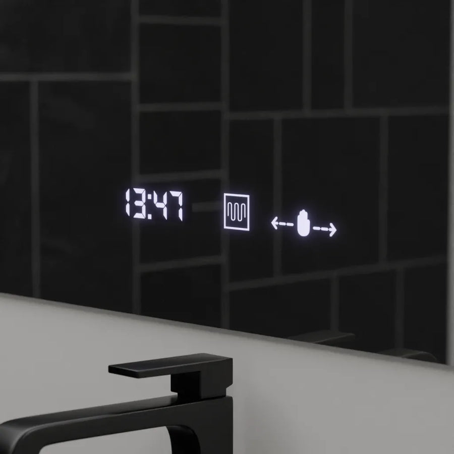 Obdélníkové LED zrcadlo, 120x80cm, ABSOLU MotionGlow Marcello, systém odmlžování, hodiny a teploměr, kosmetická lupa, stmívatelná zrcátka Marcello Výchozí název Alessandro Design