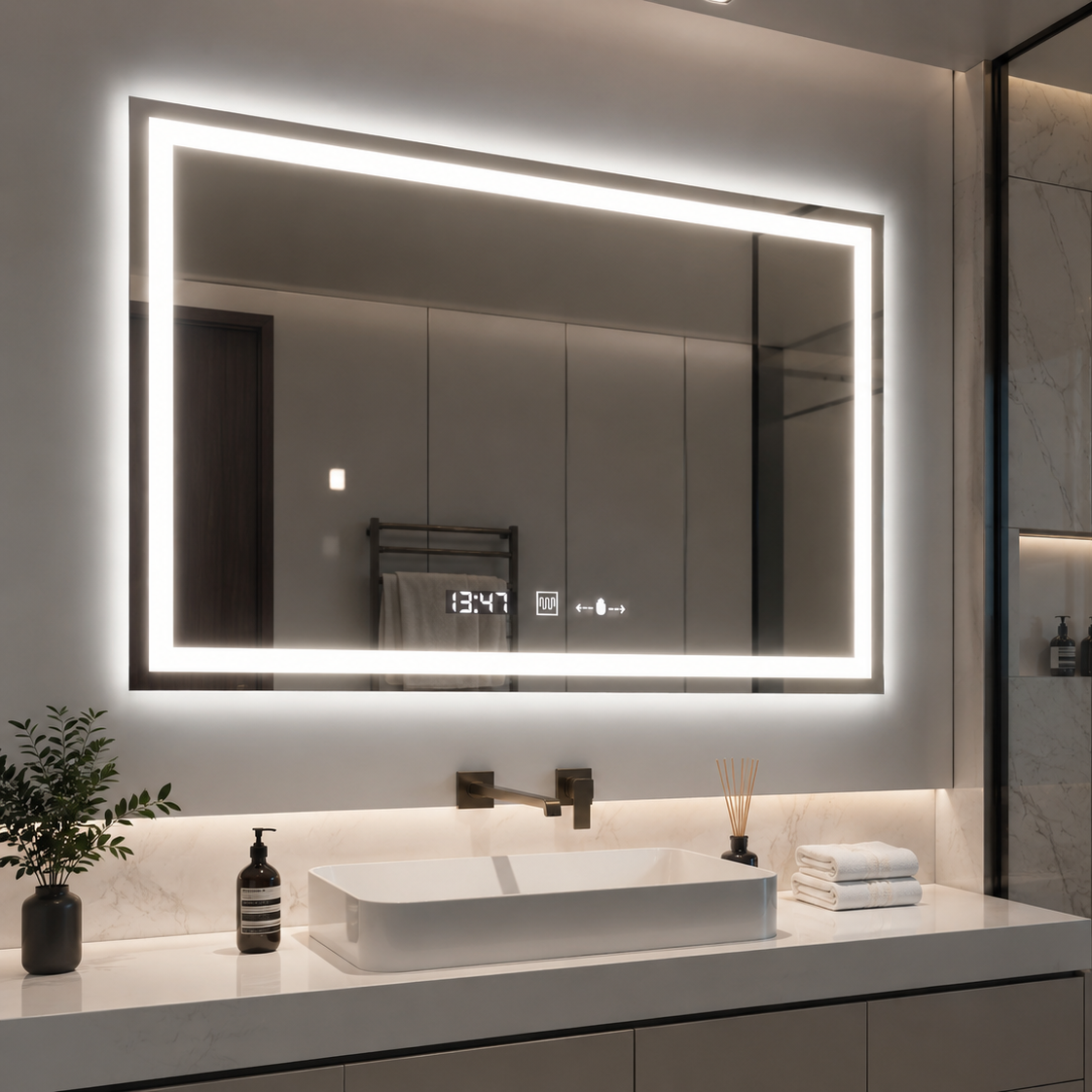 Obdélníkové LED zrcadlo 120x80cm Vérité MotionGlow Marcello, odmlžovací systém, hodiny a teploměr, stmívatelná zrcátka Marcello Výchozí název Alessandro Design