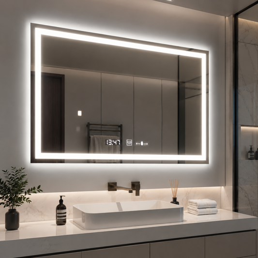 Obdélníkové LED zrcadlo 120x80cm Vérité MotionGlow Marcello, odmlžovací systém, hodiny a teploměr, stmívatelná zrcátka Marcello Výchozí název Alessandro Design