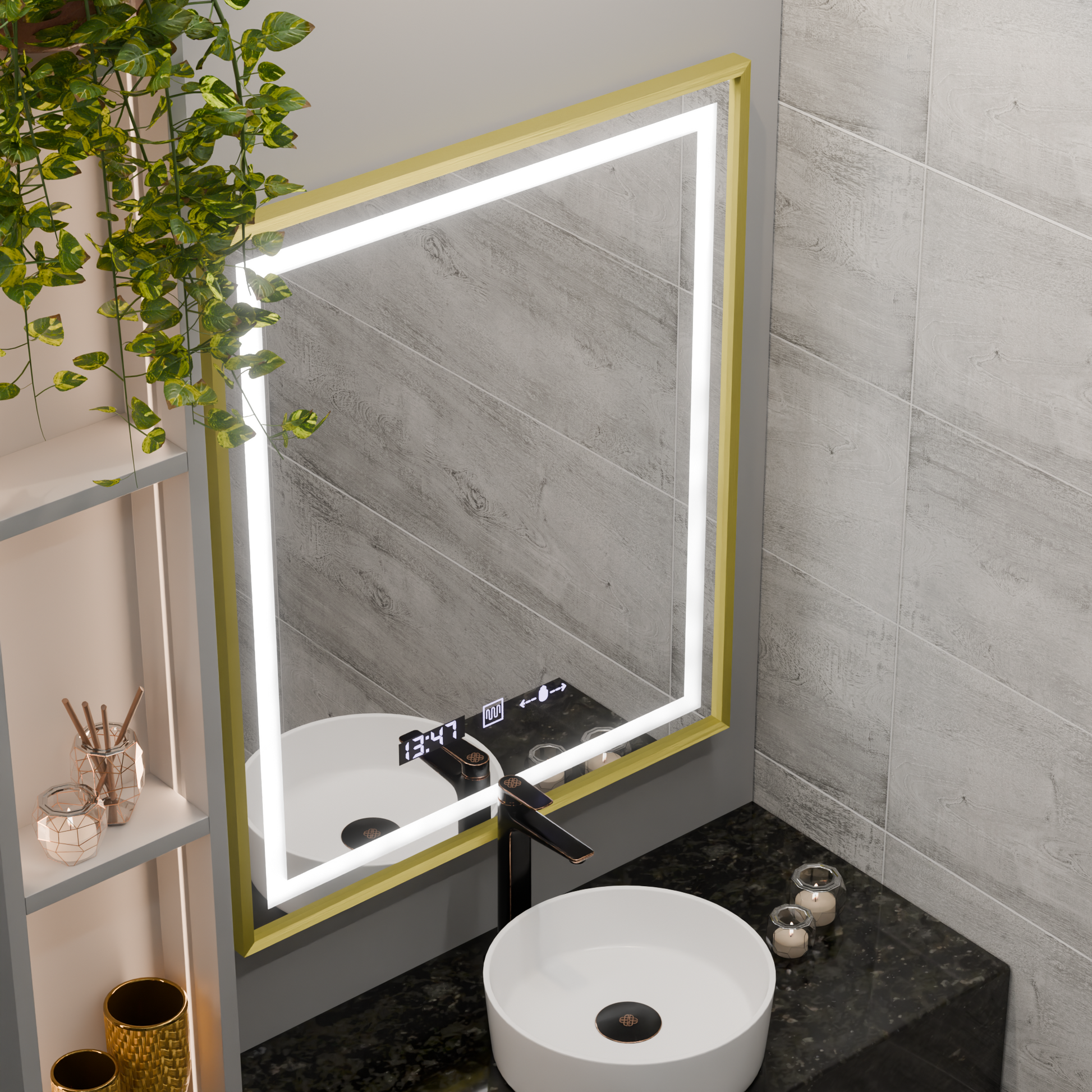 Obdélníkové LED zrcadlo, 75 x 90 cm, Verite Royale Gold MotionGlow Marcello, systém odmlžování, hodiny a teploměr, stmívatelná zrcátka Marcello Výchozí název Alessandro Design