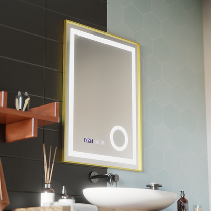 LED Touch CLARUS Systém odmlžování zrcadla, hodiny a teplota 60x80 cm Zlatý rám kartáčovaná kosmetická lupa Zrcátka Korman S Výchozí název Alessandro Design