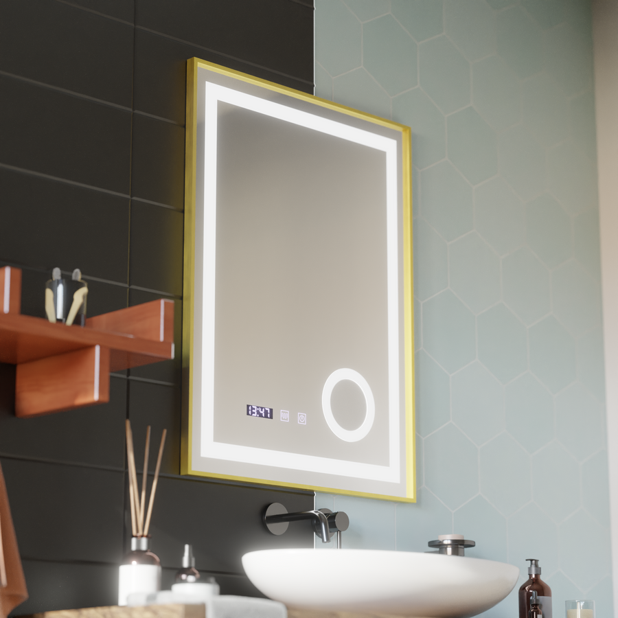 LED Touch CLARUS Systém odmlžování zrcadla, hodiny a teplota 60x80 cm Zlatý rám kartáčovaná kosmetická lupa Zrcátka Korman S Výchozí název Alessandro Design