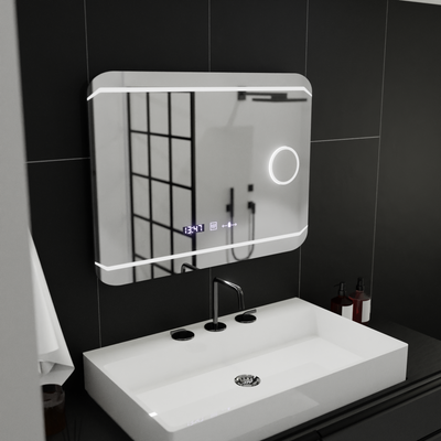 Obdélníkové LED zrcadlo, 80x60cm, MotionGlow Marcello Style, Demister System, Hodiny & Teploměr, Kosmetická lupa, Stmívatelné