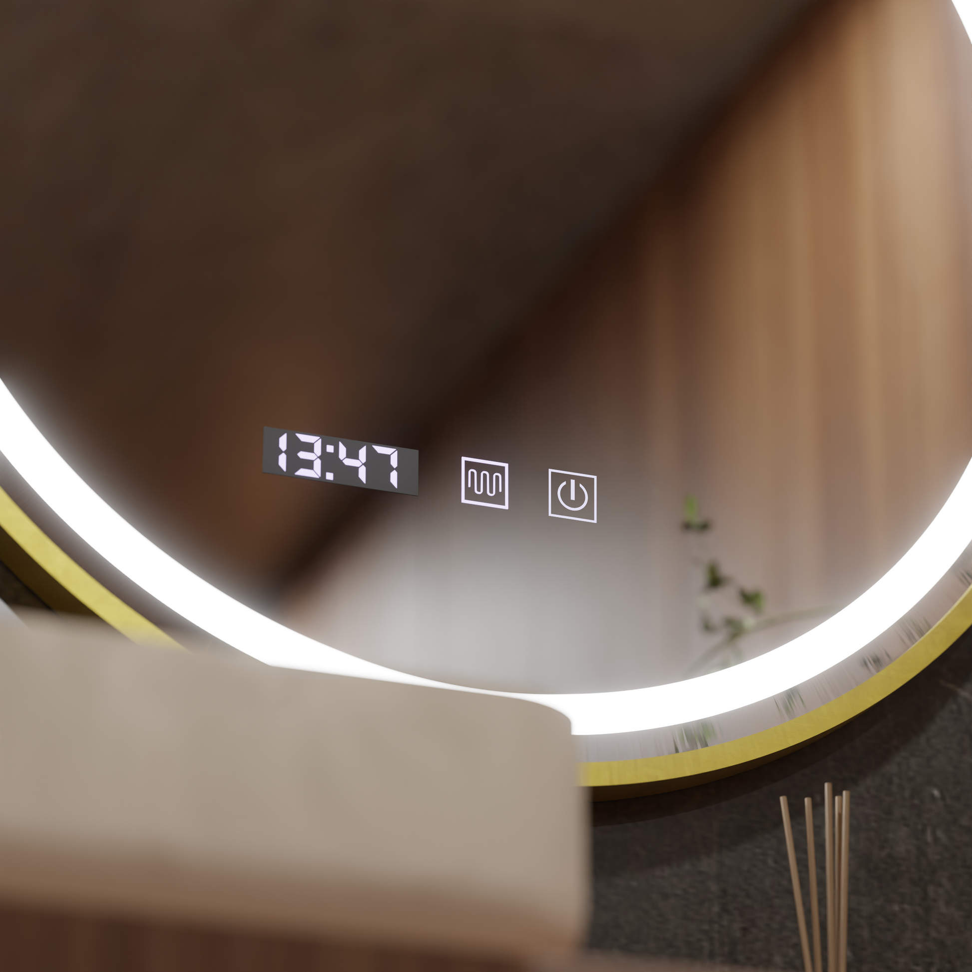 Dotykové zrcadlo LUSSO LED, Demister System, Hodiny a teplota, Průměr 60 cm, Rám z kartáčovaného zlata, Teplé a studené neutrální světlo 3000K/4500K/6000K, Stmívatelné Korman S Zrcadla Výchozí název Alessandro Design