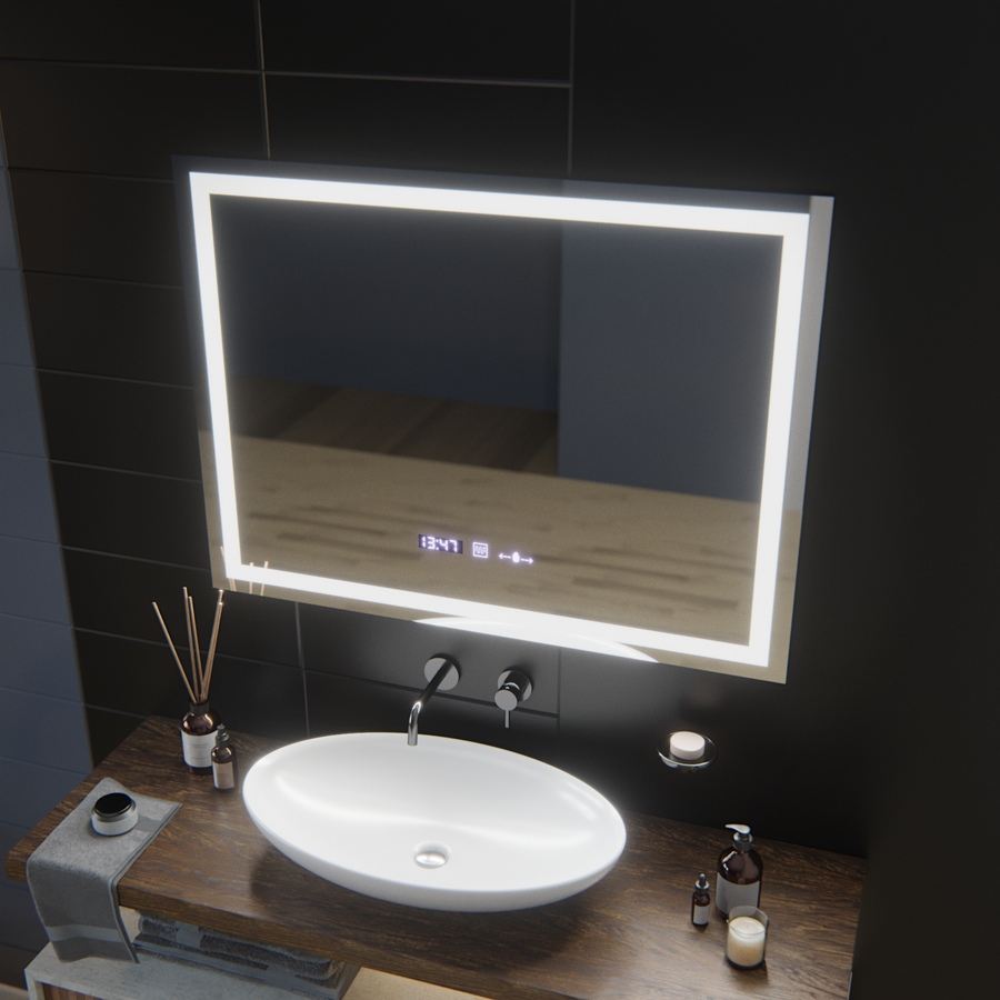 Obdélníkové zrcadlo LED, 100 x 75 cm, Verite MotionGlow Marcello, systém odmlžování, hodiny a teploměr, stmívatelná zrcadla Marcello Výchozí název Alessandro Design