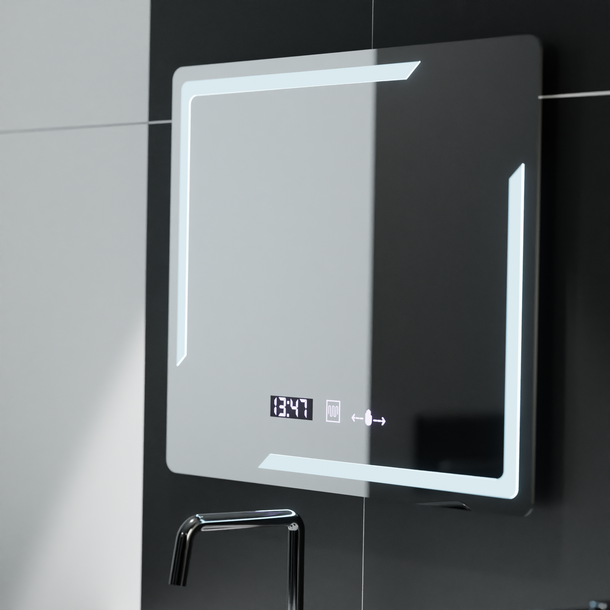 Obdélníkové LED zrcadlo, 80x60cm, Rayonnement MotionGlow Marcello, Demister System, Hodiny & Teploměr, Stmívatelná zrcátka Marcello Výchozí název Alessandro Design