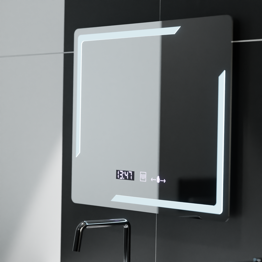 Obdélníkové LED zrcadlo, 80x60cm, Rayonnement MotionGlow Marcello, Demister System, Hodiny & Teploměr, Stmívatelná zrcátka Marcello Výchozí název Alessandro Design