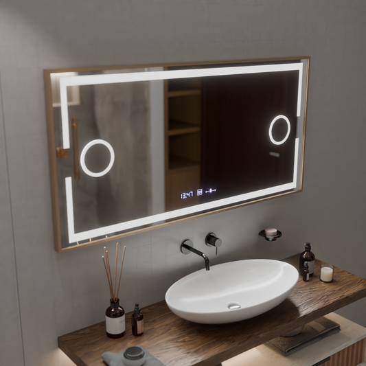 LED zrcadlo MotionGlow Sofia senzor s funkcí odmlžování Teploměr Hodiny 110x65 cm Teplé/Studené/Neutrální světlo Stmívatelné, Rose Gold Rám, Marcello Funghi Collection Zrcadla Marcello Výchozí název Alessandro Design