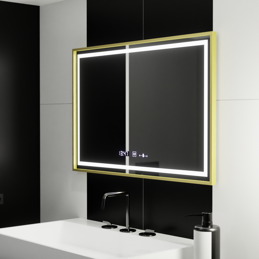 Obdélníkové LED zrcadlo, 120 x 80 cm, Verite Royale Gold MotionGlow Marcello, systém odmlžování, hodiny a teploměr, stmívatelná zrcátka Marcello Výchozí název Alessandro Design