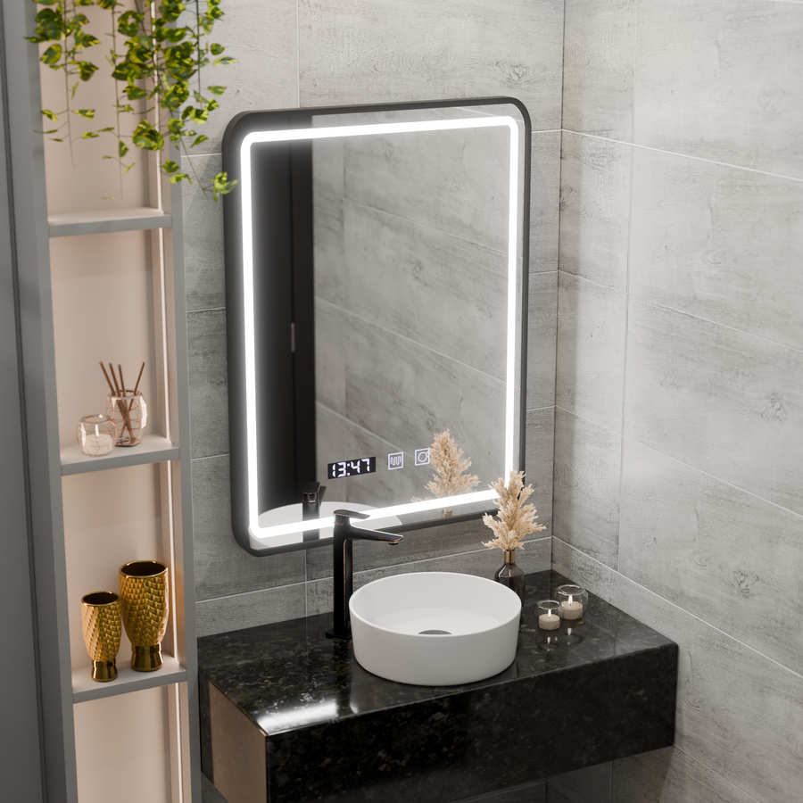 Zrcadlo LED Touch Systém odmlžování LUCIDA, hodiny a teplota 50x70 cm Rám Černá kartáčovaná zrcadla Korman S Výchozí název Alessandro Design