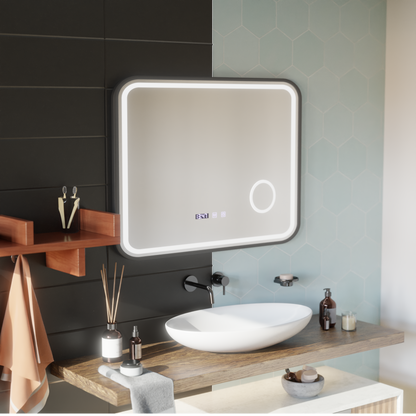 LED Touch Bernd Systém odmlžování zrcadla, hodiny a teplota 80x60 cm Černý rám kartáčovaná kosmetická lupa zrcátka Korman S Výchozí název Alessandro Design