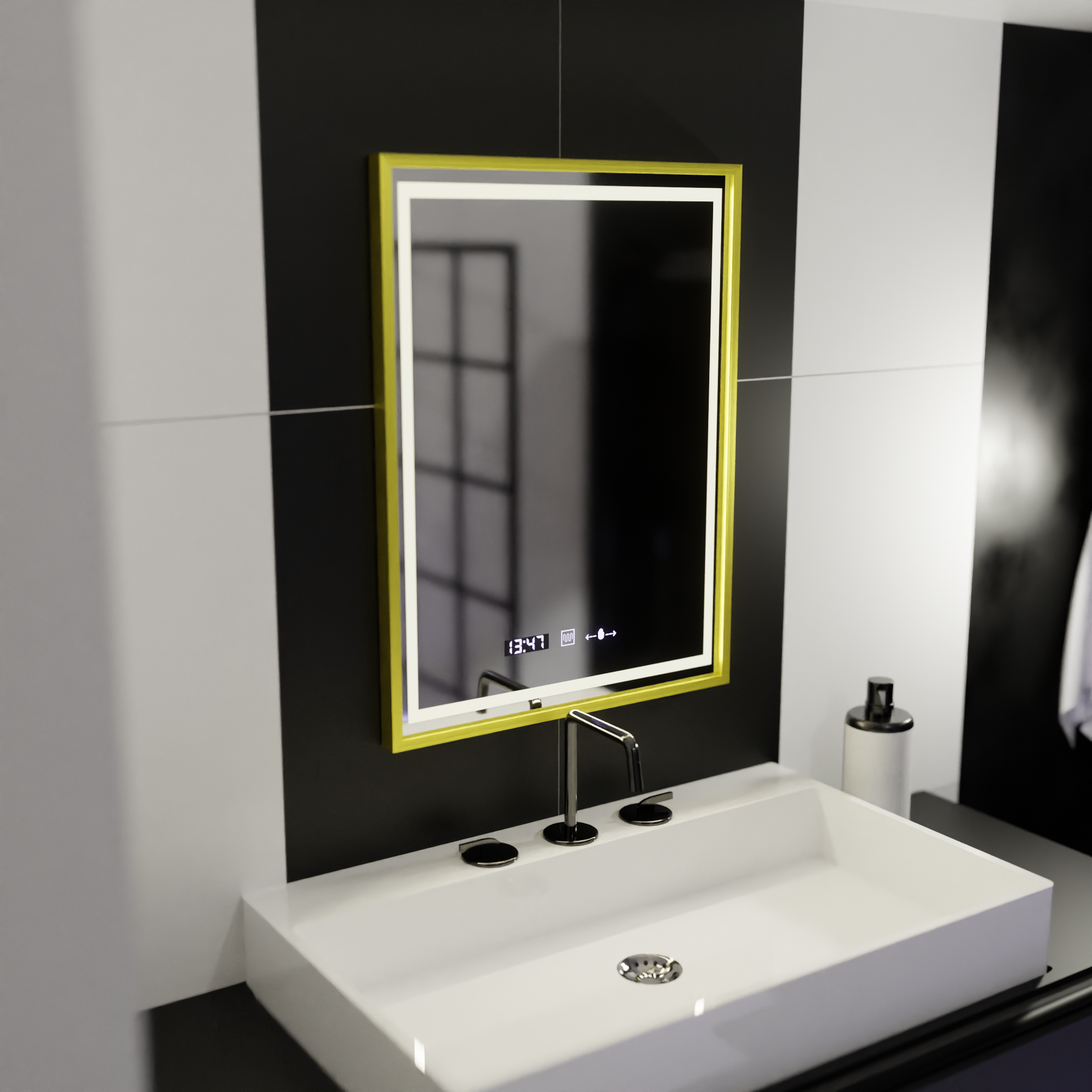 Obdélníkové LED zrcadlo, 50x70 cm, Verite Royale Gold Motion Glow Marcello, systém odmlžování, hodiny a teploměr, stmívatelná zrcátka Marcello Výchozí název Alessandro Design