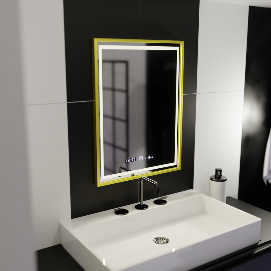 Obdélníkové LED zrcadlo, 50x70 cm, Verite Royale Gold Motion Glow Marcello, systém odmlžování, hodiny a teploměr, stmívatelná zrcátka Marcello Výchozí název Alessandro Design