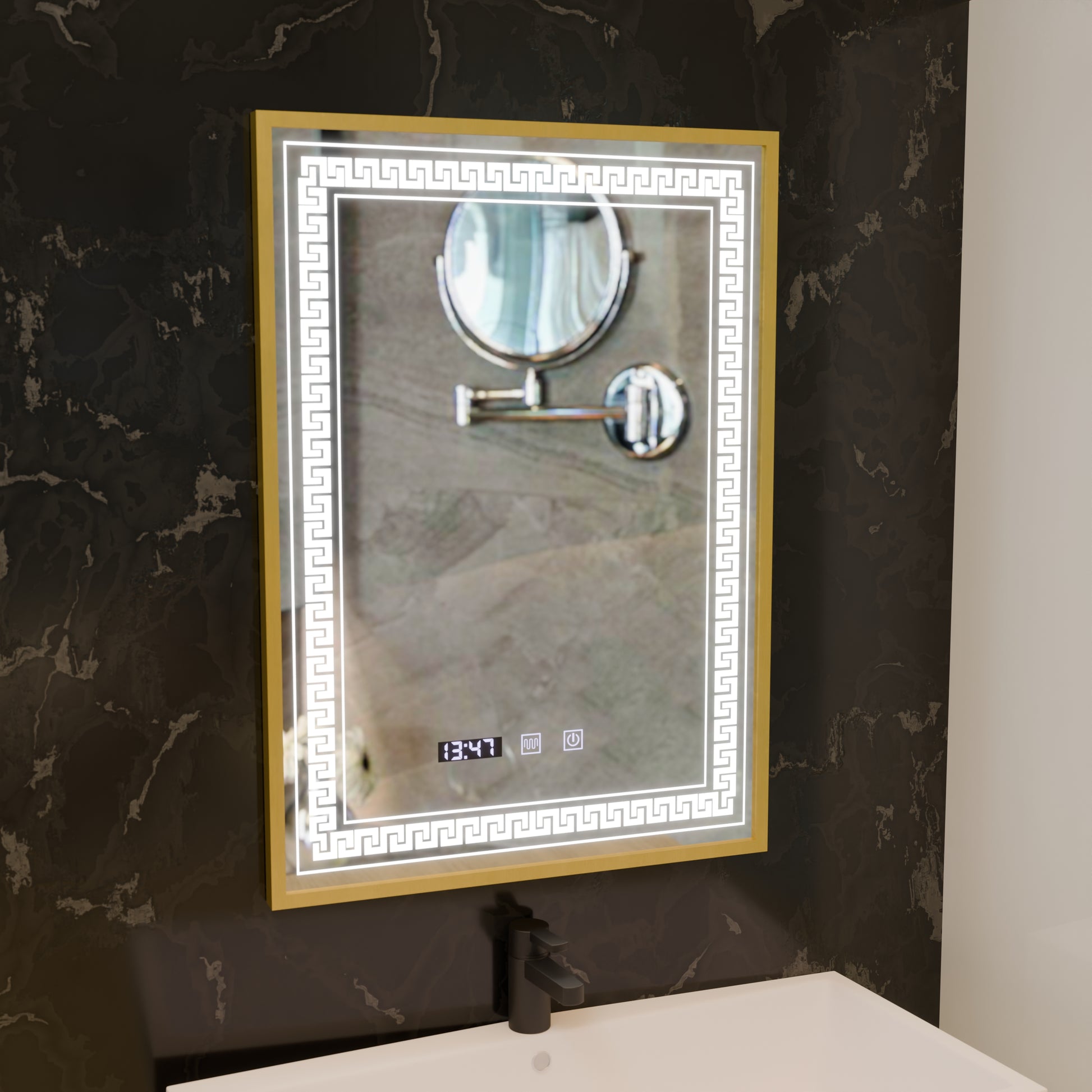 Zrcadlo LED Touch Bruno Demister System, hodiny a teplota 60x80 cm Rám z kartáčovaného zlata, S84/60X80 Zrcadla Korman S Výchozí název Alessandro Design