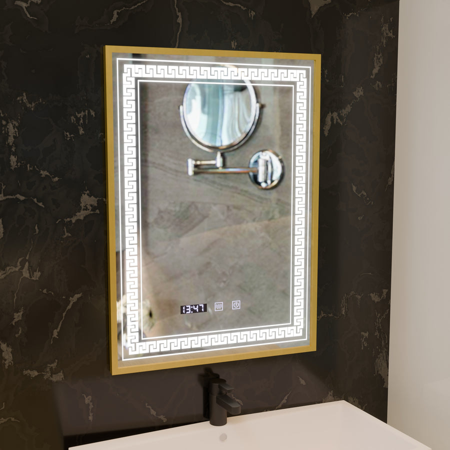 Zrcadlo LED Touch Bruno Demister System, hodiny a teplota 60x80 cm Rám z kartáčovaného zlata, S84/60X80 Zrcadla Korman S Výchozí název Alessandro Design