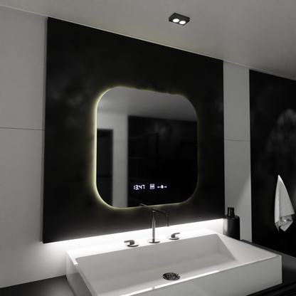 Obdélníkové LED zrcadlo 60x60 Aura Riflesso Puro MotionGlow Marcello, systém odmlžování, teploměr a hodiny, stmívatelná zrcátka Marcello Výchozí název Alessandro Design
