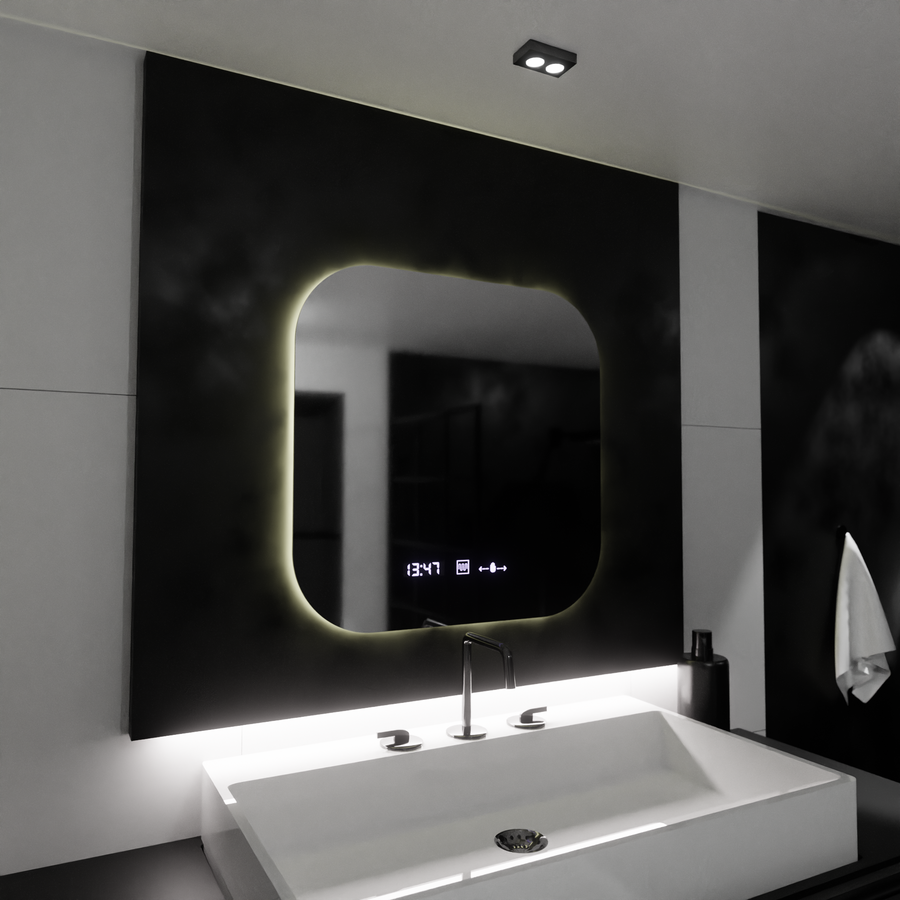 Obdélníkové LED zrcadlo 60x60 Aura Riflesso Puro MotionGlow Marcello, systém odmlžování, teploměr a hodiny, stmívatelná zrcátka Marcello Výchozí název Alessandro Design