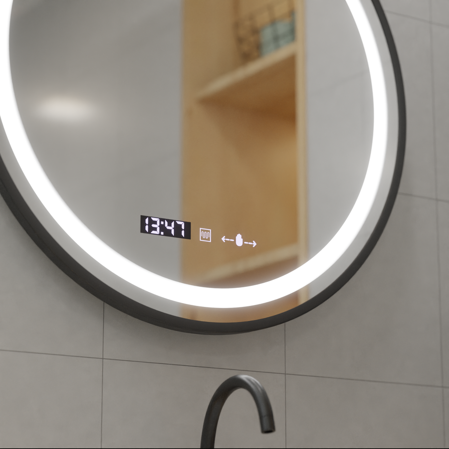LED kulaté zrcadlo, 100 cm, Celeste Majesté Noir MotionGlow Marcello, systém odmlžování, hodiny a teploměr, stmívatelná zrcátka Marcello Výchozí název Alessandro Design