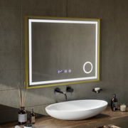 LED Touch CLARUS Systém odmlžování zrcadla, hodiny a teplota 80x60 cm Zlatý rám kartáčovaná kosmetická lupa Zrcadla Korman S Výchozí název Alessandro Design