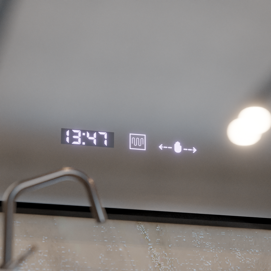 LED zrcadlo MotionGlow Sofia senzor s funkcí odmlžování Teploměr Hodiny 110x75 cm Stmívatelné teplé/studené/neutrální světlo, kartáčovaný černý rám, Marcello Funghi Collection Marcello Mirrors Výchozí název Alessandro Design
