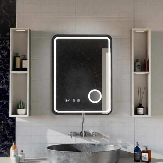 Ulrich LED Touch Mirror De-fogging System, Clock and Temperature 75x90 cm Černý rám Kartáčovaná kosmetická lupa Zrcadla Korman S Výchozí název Alessandro Design