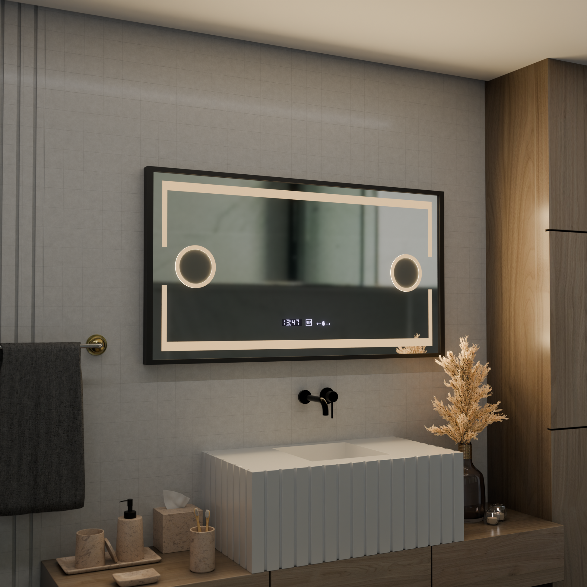 LED zrcadlo MotionGlow Senzor Domingo s funkcí odmlžování Teploměr Hodiny 120x65 cm Stmívatelné Studené/Teplé/Neutrální světlo, Brushed Black Frame, Marcello Funghi kolekce Marcello Mirrors Výchozí název Alessandro Design