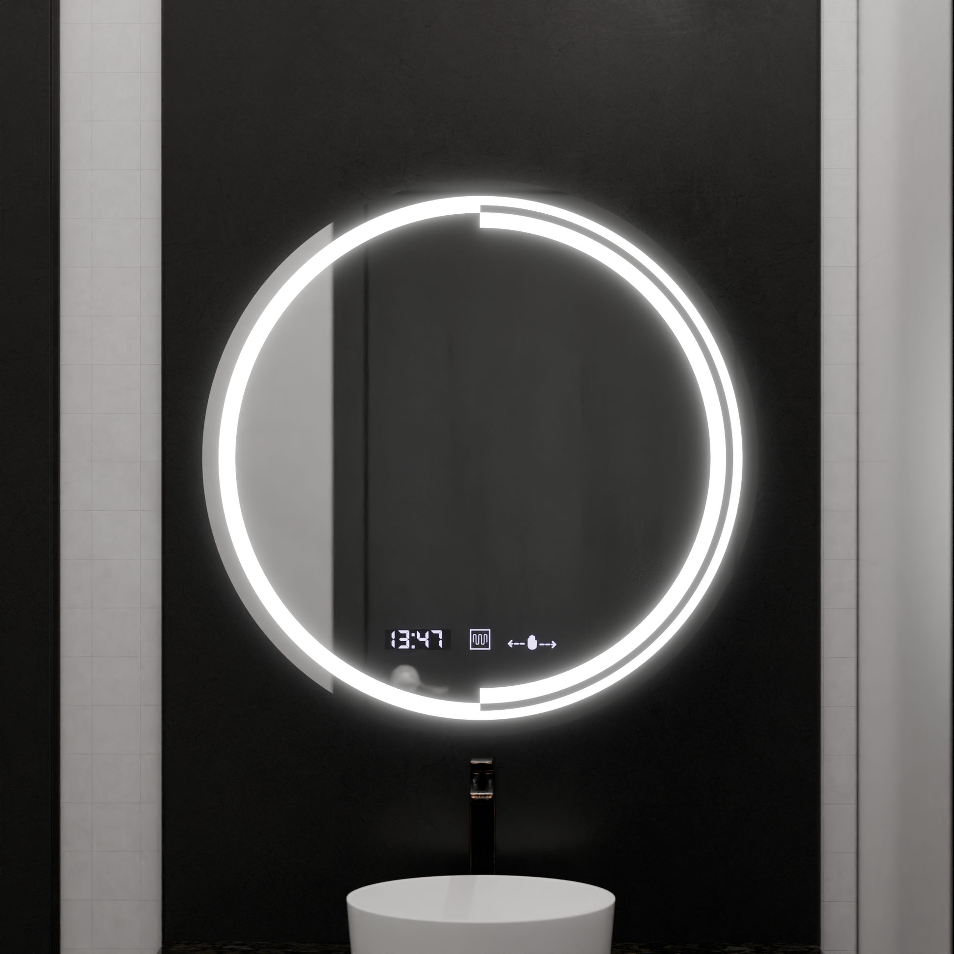 LED kulaté zrcadlo, 60 cm, MotionGlow Sensor Consuel Marcello, systém odmlžování, hodiny a teploměr, stmívatelná zrcátka Marcello Výchozí název Alessandro Design