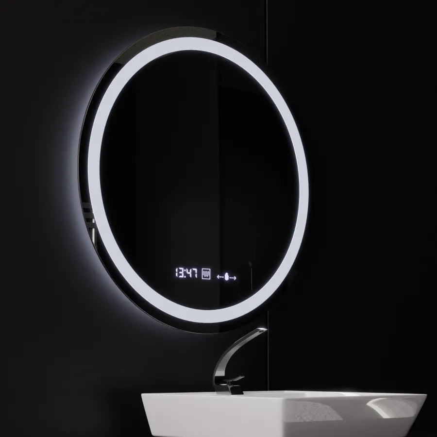 Kulaté LED zrcadlo, průměr 50 cm, Celeste MotionGlow Marcello, systém odmlžování, hodiny a teploměr, stmívatelné, teplé neutrální studené světlo 3000K/4000K/6000K Marcello Mirrors Výchozí název Alessandro Design