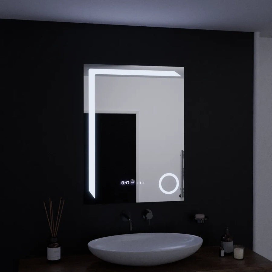 Obdélníkové LED zrcadlo, 60x80cm, Precision MotionGlow Marcello, Systém odmlžování, Hodiny & Teploměr, Kosmetická lupa, Stmívatelná zrcátka Marcello Výchozí název Alessandro Design