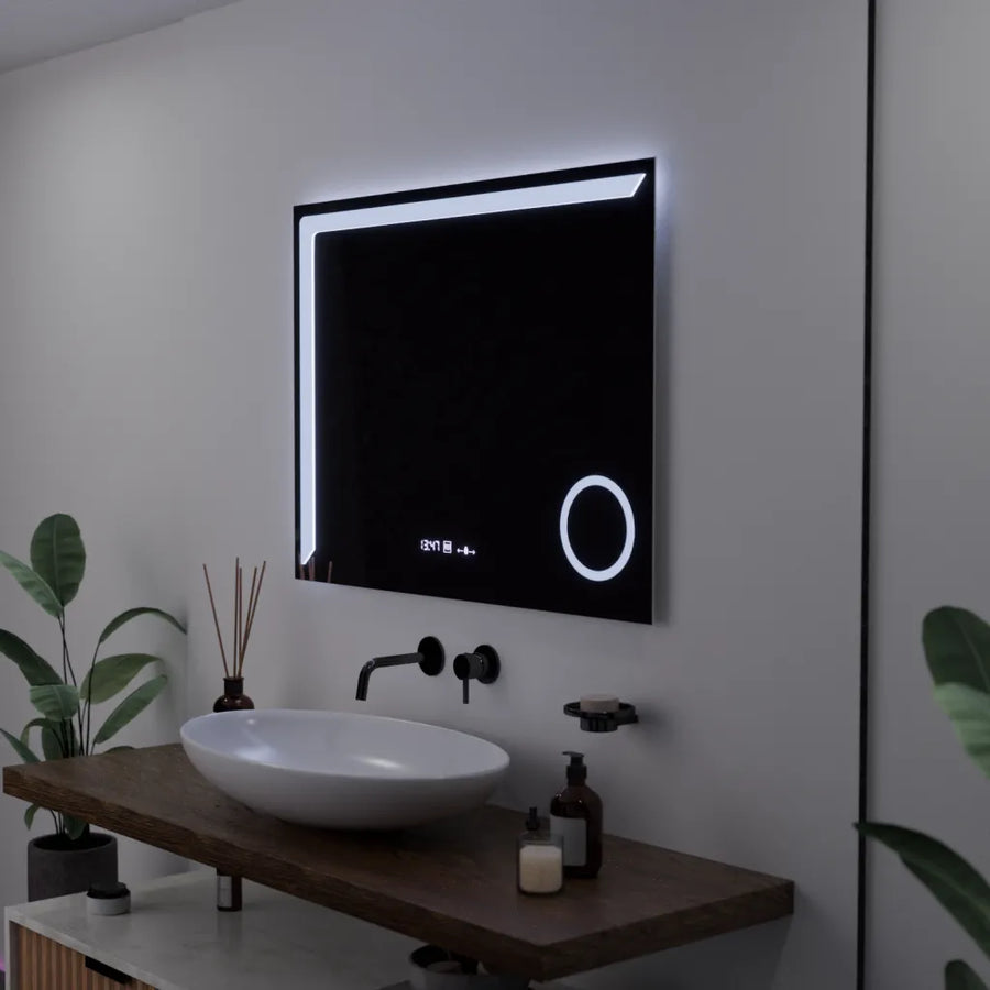 Obdélníkové LED zrcadlo, 80x60cm, Precision MotionGlow Marcello, Systém odmlžování, Hodiny & Teploměr, Kosmetická lupa, Stmívatelné Marcello Zrcadla Výchozí název Alessandro Design