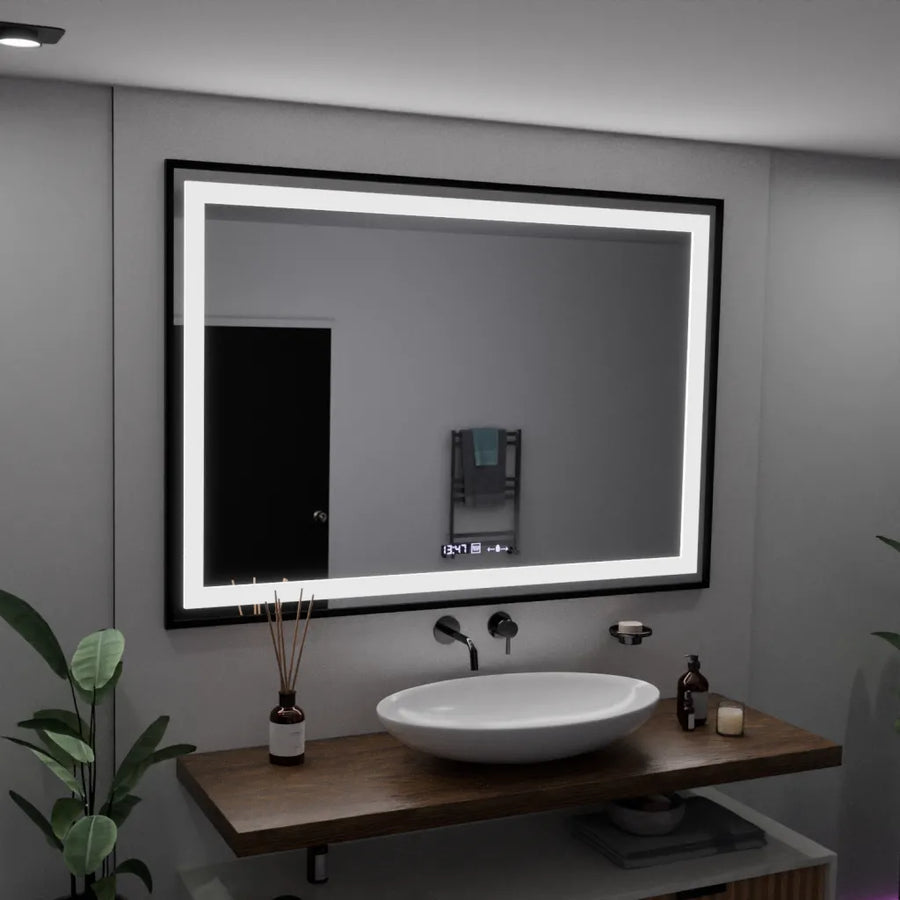 Obdélníkové LED zrcadlo, 100x65cm, Verite Majeste Noir Motion Glow Marcello, systém odmlžování, hodiny a teploměr, stmívatelná zrcátka Marcello Výchozí název Alessandro Design
